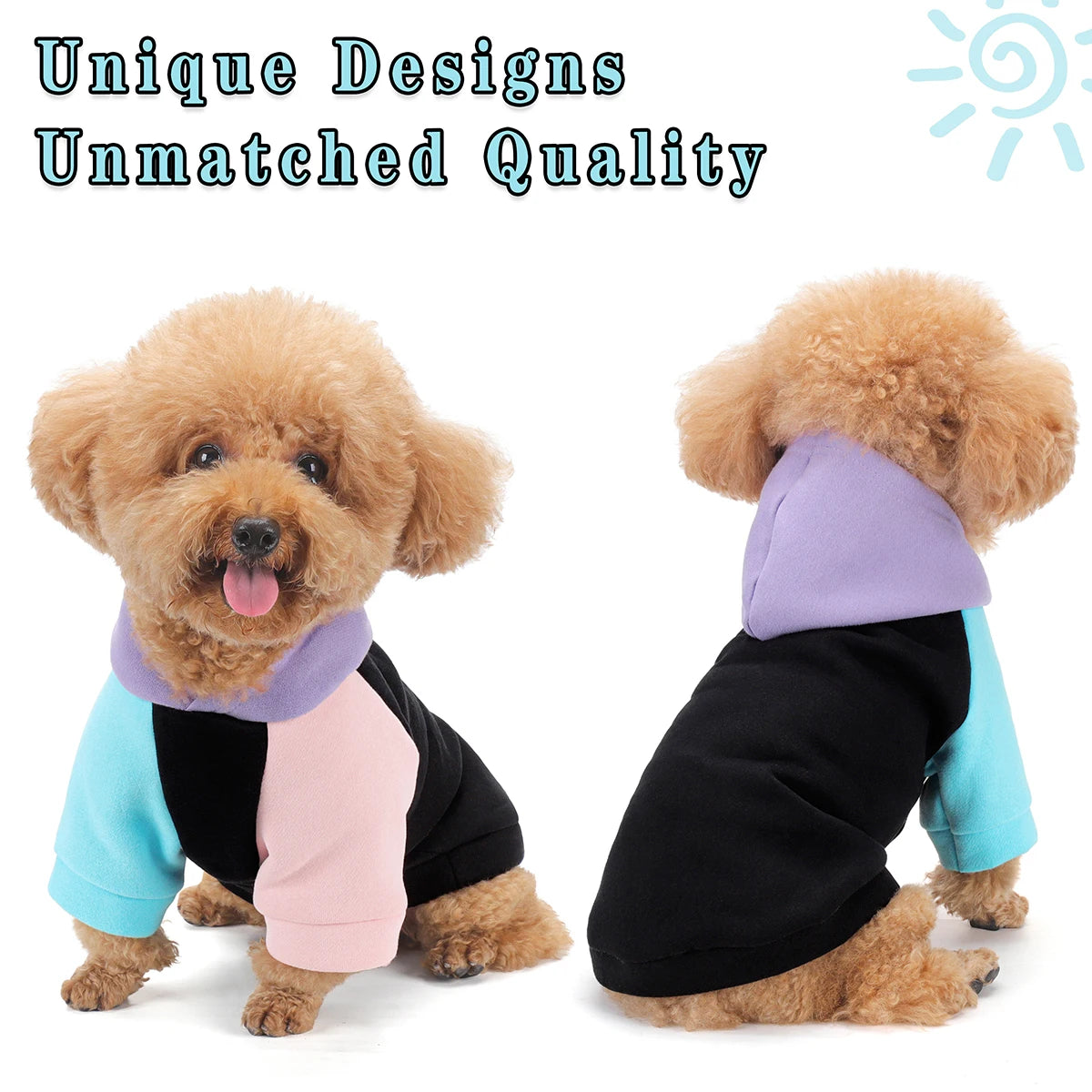 Two fluffy dog portraits wearing unique purple and light blue hoodies