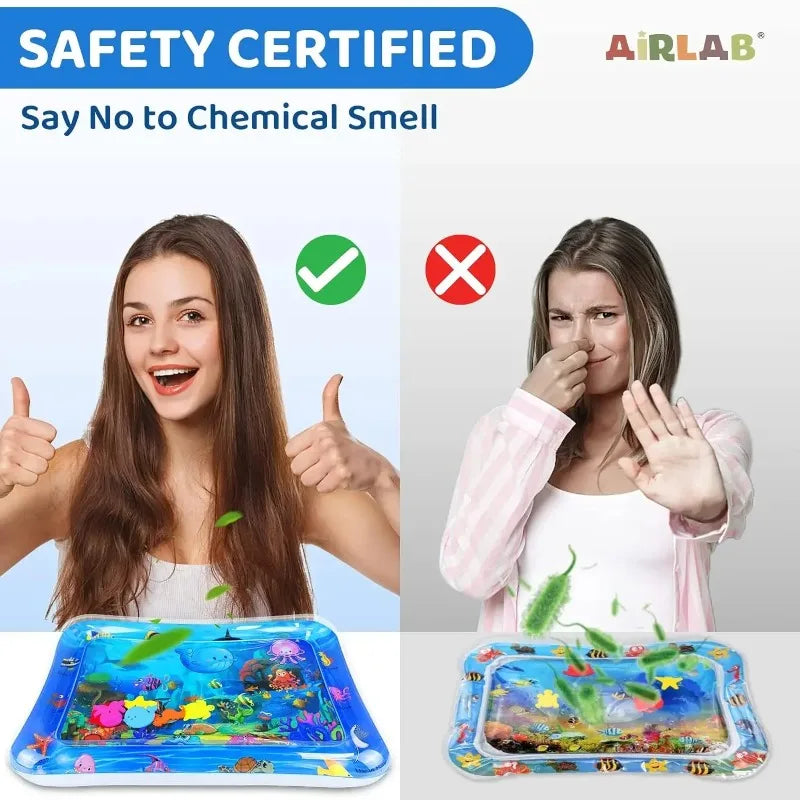 A blue pet water sensory mat with various aquatic plants and colorful elements is shown on a white background.