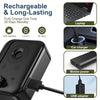 A black rechargeable ultrasonic dog bark deterrent device shown with various charging and power options.