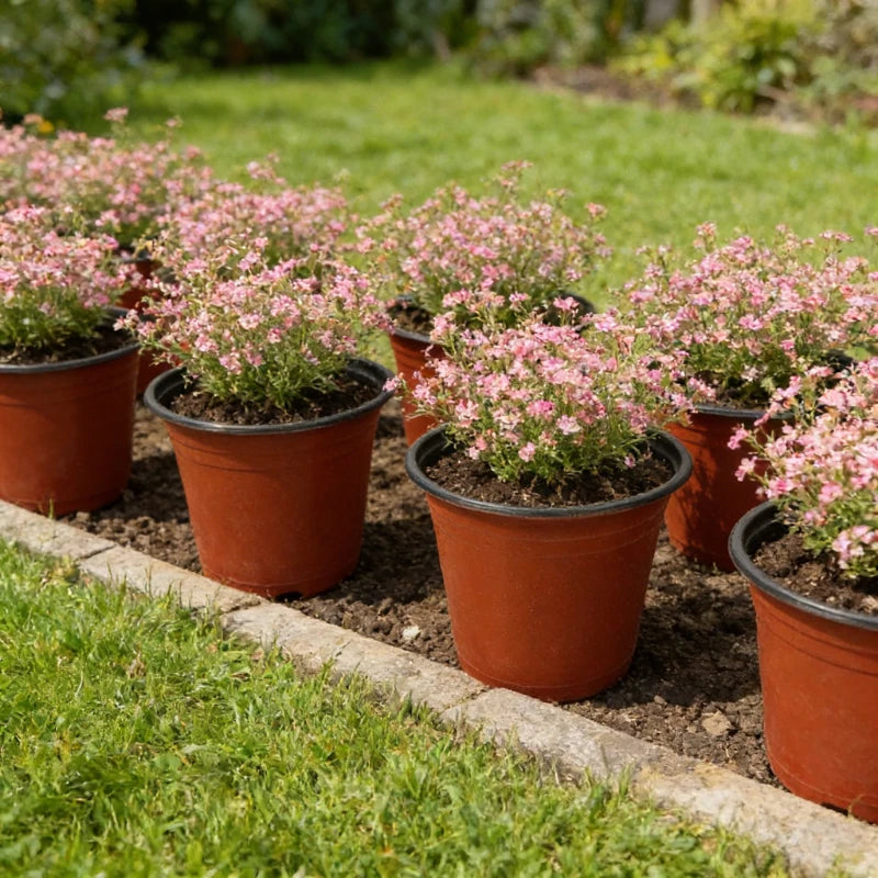 A row of ten terracotta pots filled with pink flowering plants growing in a garden bed.