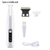 A set of silicone and plastic tools for a pet hair trimmer including a main body, guards, and a charging cable.