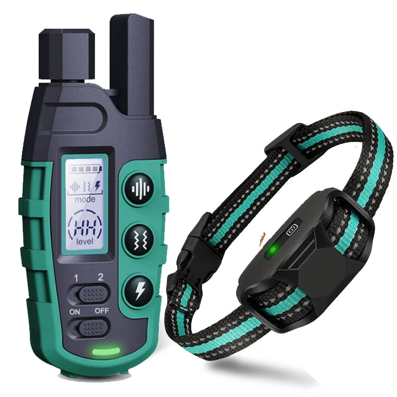 Dunkelgrauer Elektrotier-Trainingsgeschirr mit grünem Gehäuse und schwarzem Gurt.