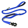 A blue tactical dog leash with a black buckle and nylon strap is shown against a white background.