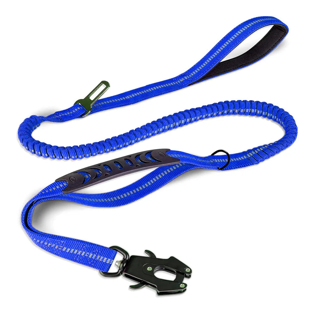 A blue tactical dog leash with a black buckle and nylon strap is shown against a white background.