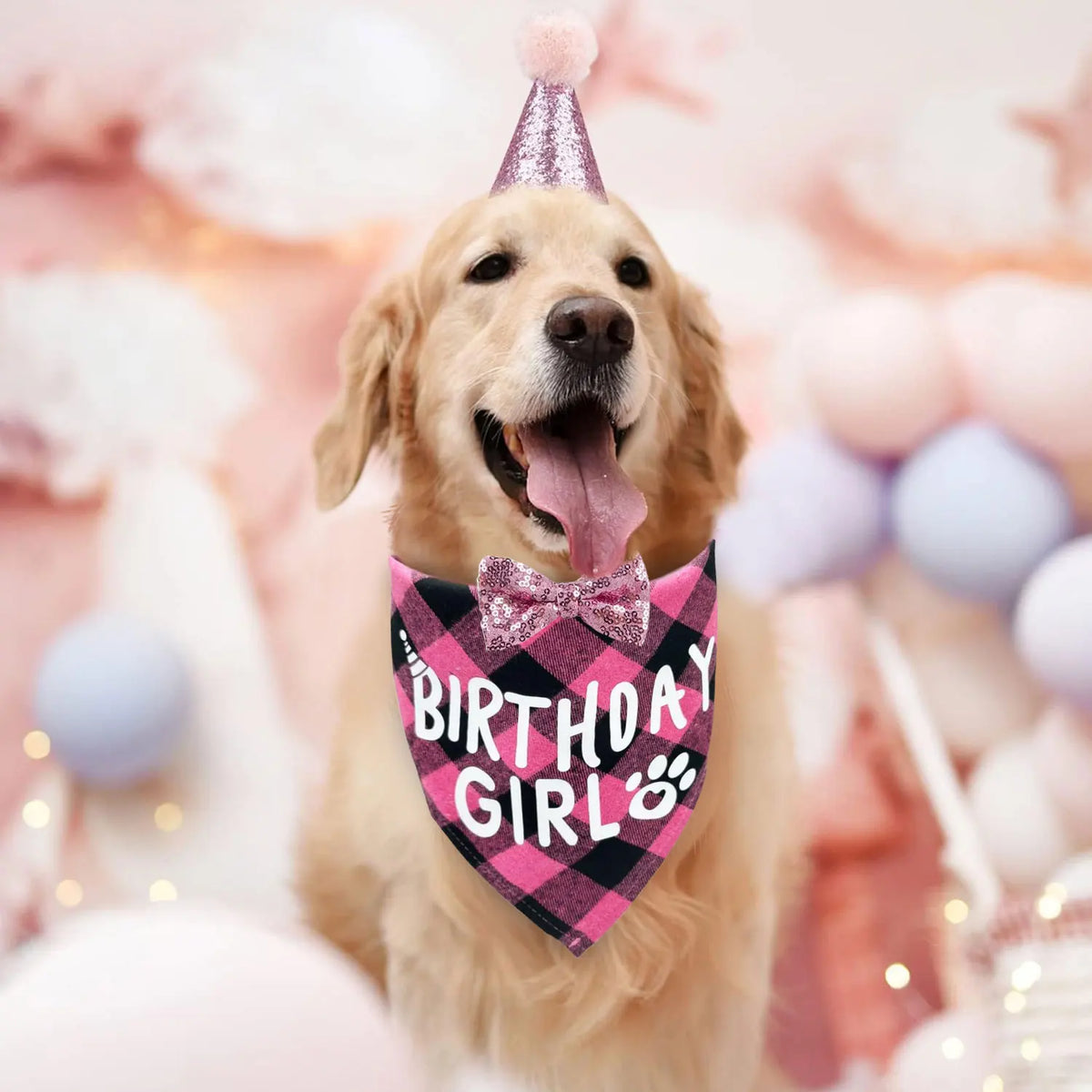 Un golden retriever portant un nœud papillon rose d'anniversaire et un chapeau en cône scintillant.