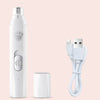 A white dual speed pet nail trimmer with a pump dispenser and a separate charging cable is shown on a light pink background.