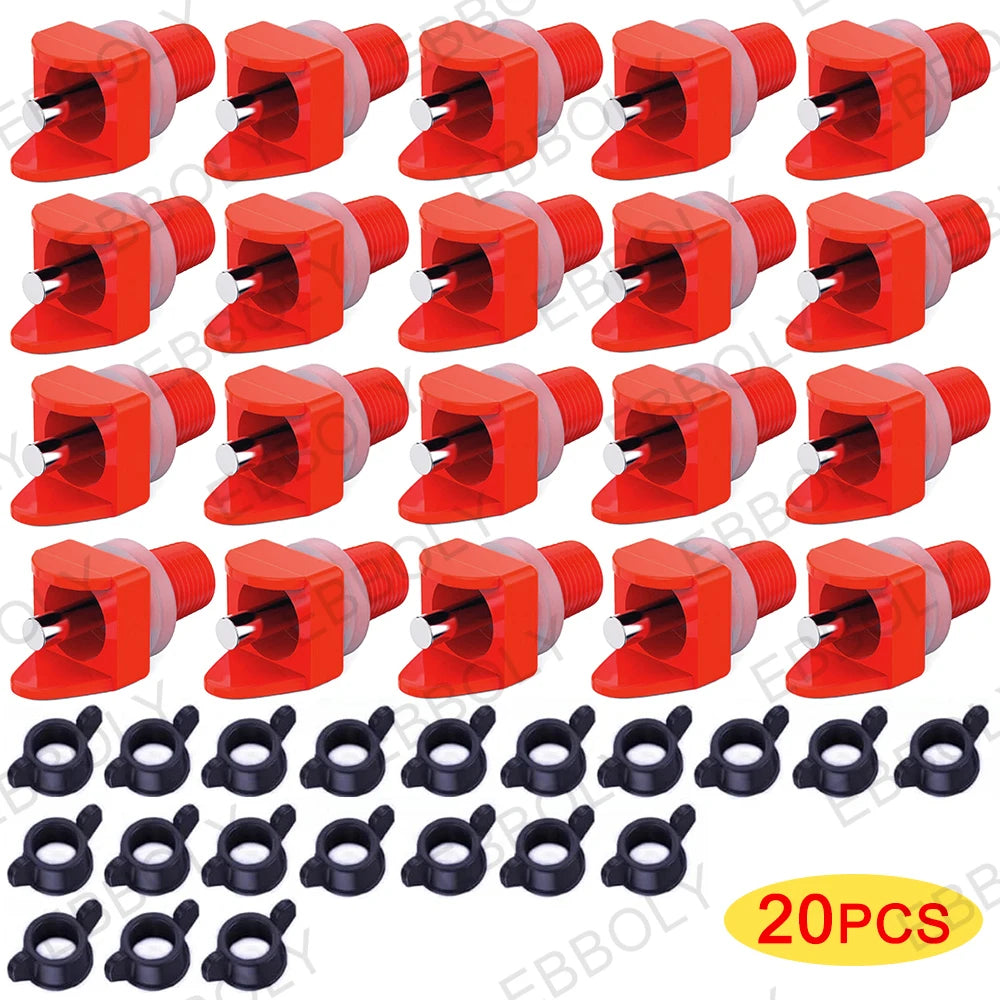 Un jeu de tétines rouges pour abreuvoirs de poulets automatiques, montrant diverses angles et composants.