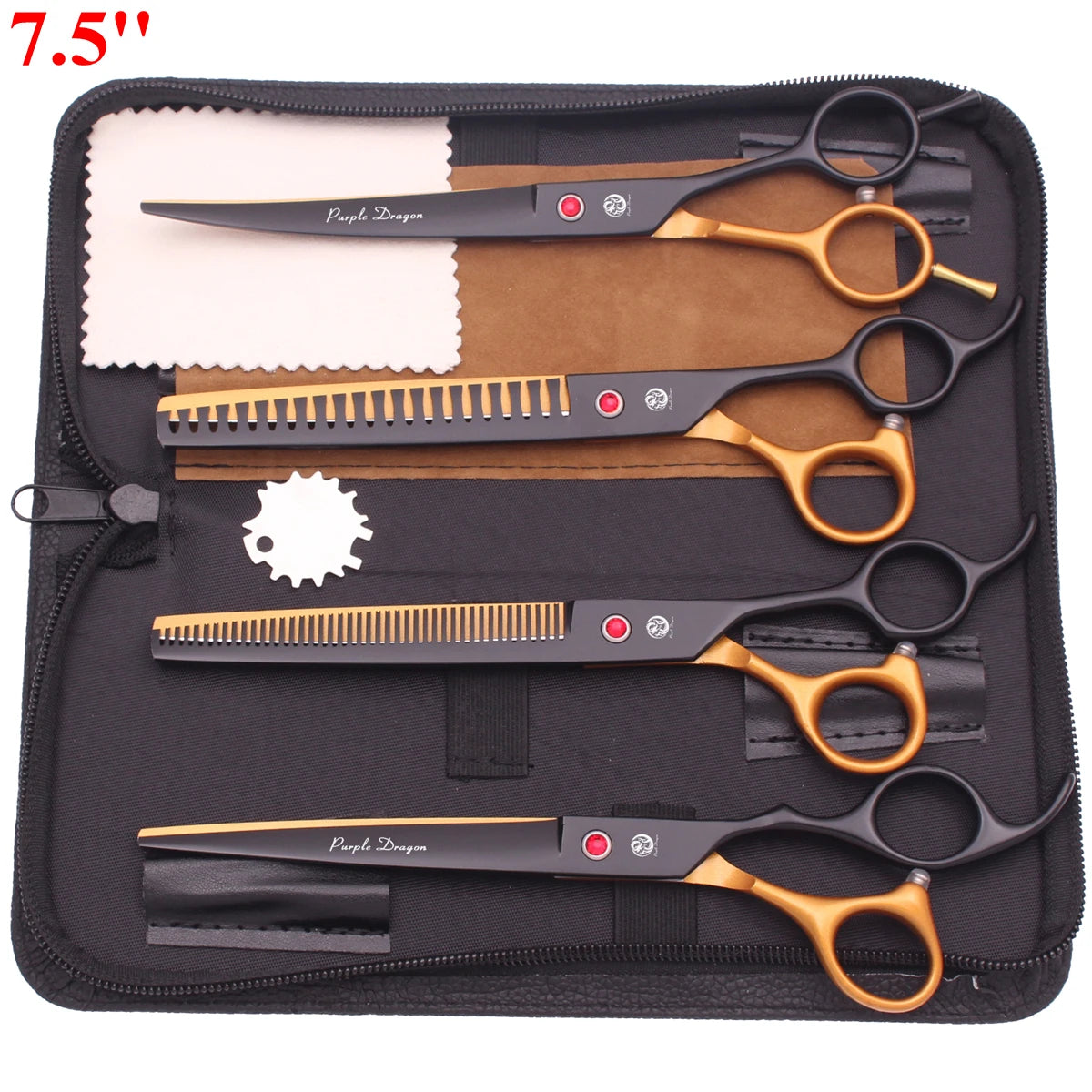 Set professioneller Edelstahl-Pflegeschere und -kämme in schwarz und gold, in einem Reißverschlussbeutel.
