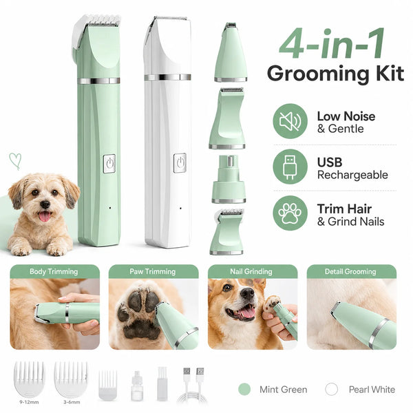 A 4-in-1 grooming kit featuring a mint green and pearl white handheld device for trimming pet hair and nails.