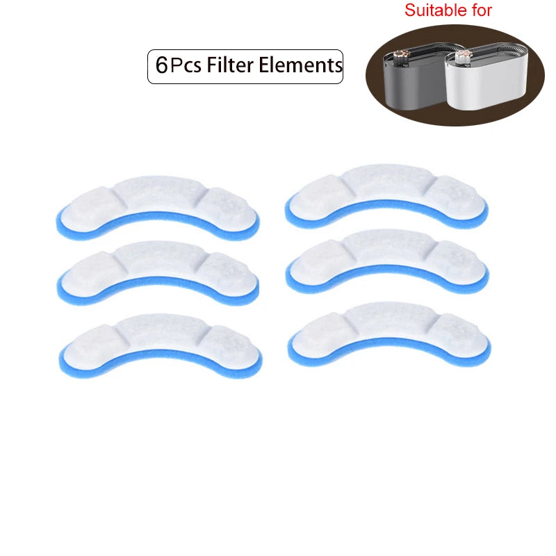 Six white filter elements with blue edges are shown, suitable for pet water fountains.