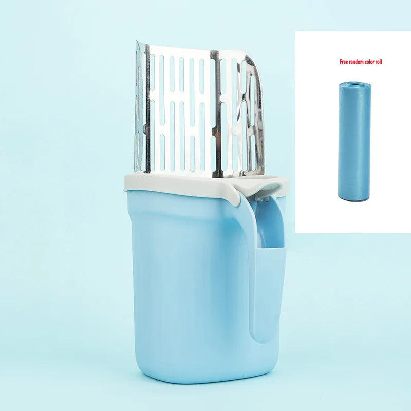 A light blue plastic container holding a stainless steel cat litter shovel with a refill bag and a separate roll of random co