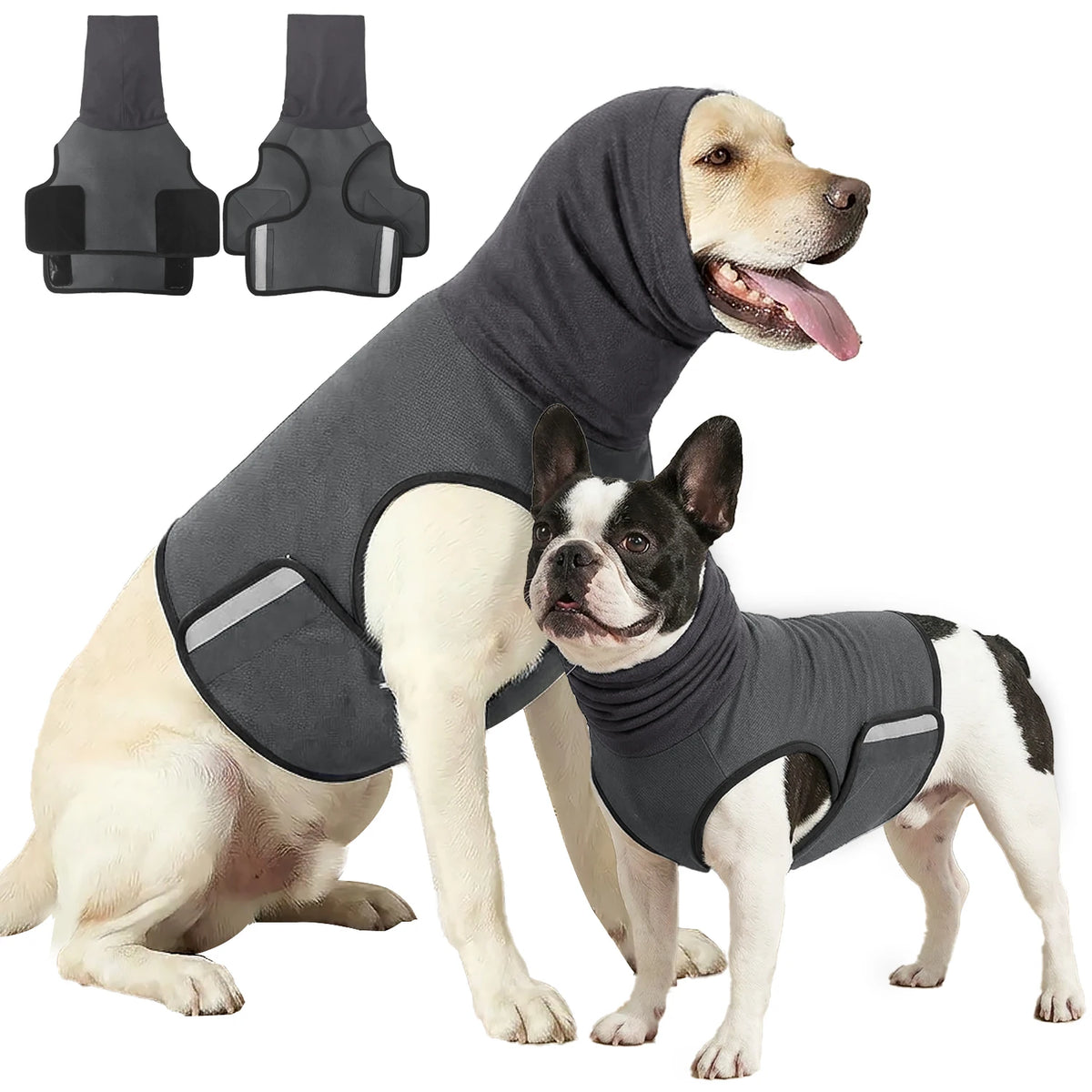 A light-colored dog wearing a gray calming anxiety vest, with two separate vests shown nearby.