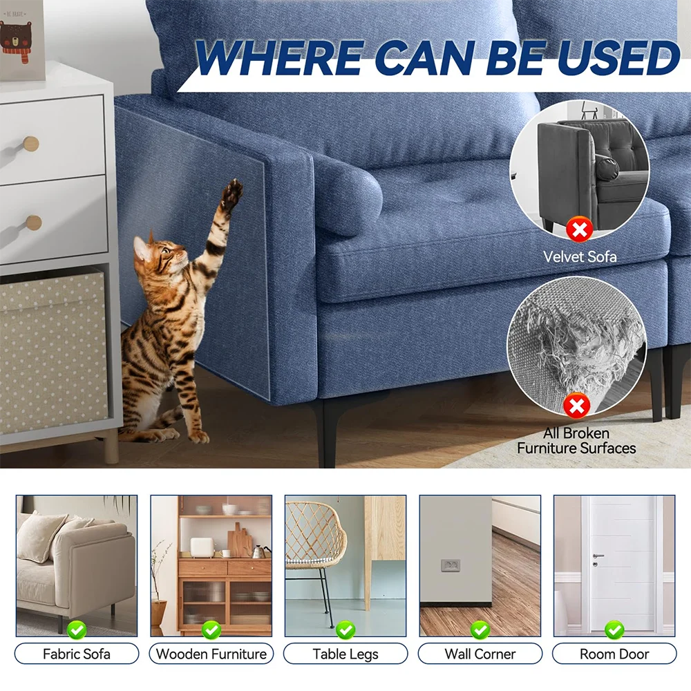 Transparent cat scratch deterrent tape used to protect velvet sofa and broken furniture surfaces.