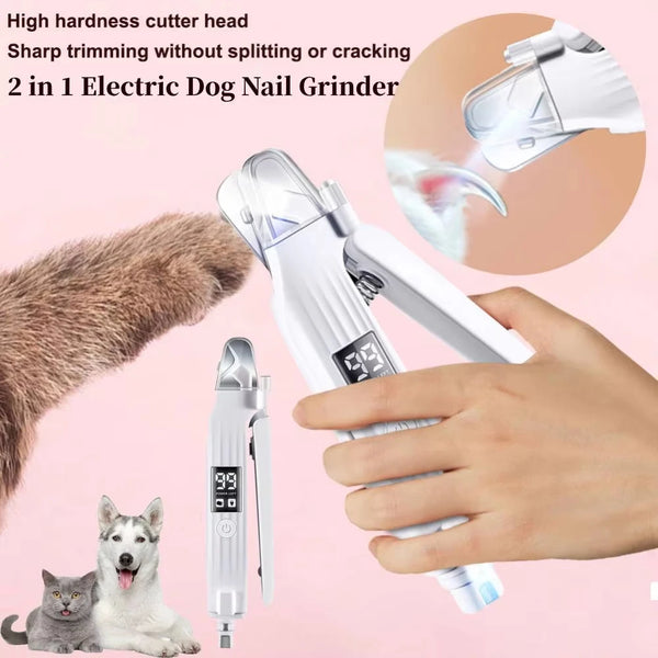 A hand is operating a 2-in-1 electric dog nail grinder and trimmer, with the tool and a dog visible.