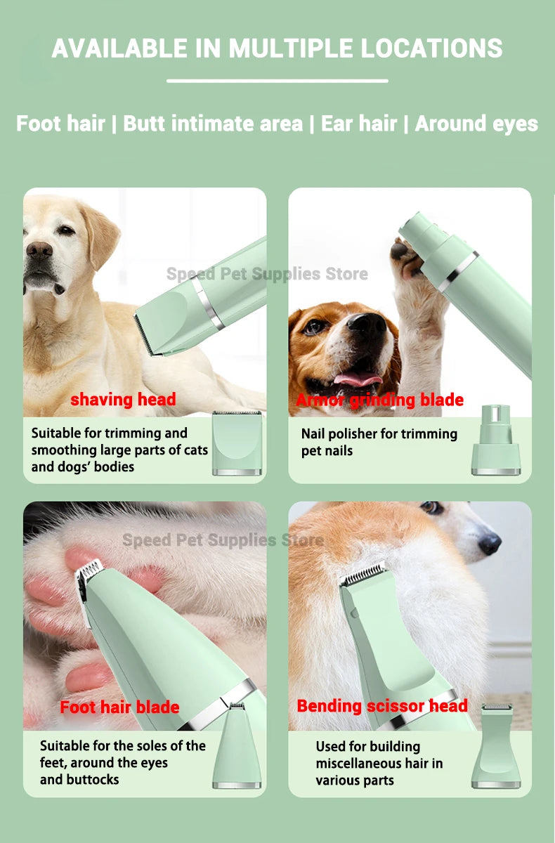 A set of green pet grooming tools including a shaving head, nail polisher, foot hair blade, and bending scissor head.