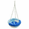A blue and white fluffy bird hanging hammock suspended by a metal chain.