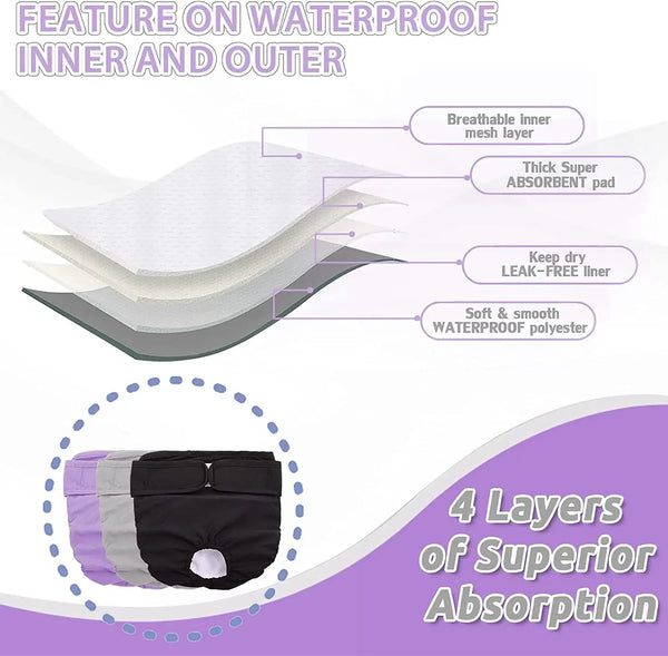 Diagram showing four layers of waterproof inner and outer protection for reusable female dog diapers.