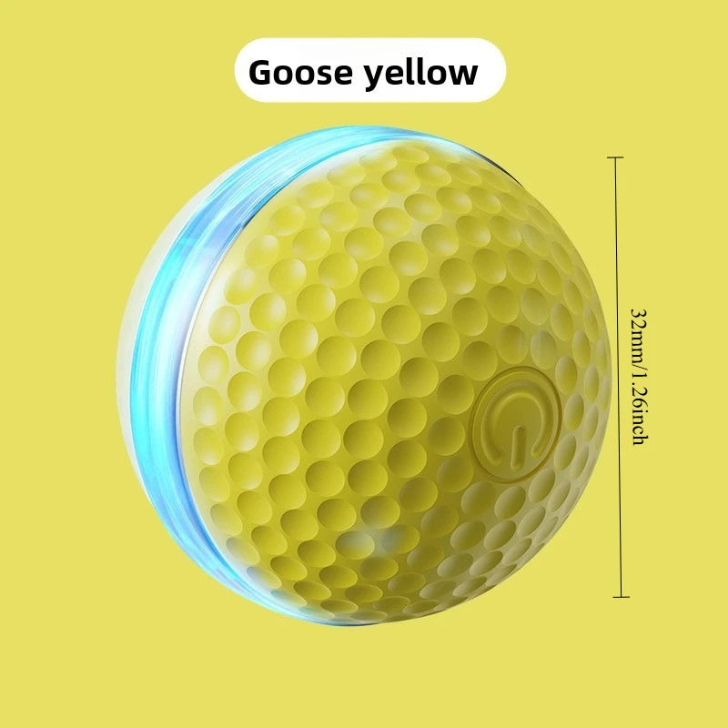 A yellow, spherical pet ball with a blue rim and an on/off switch icon.