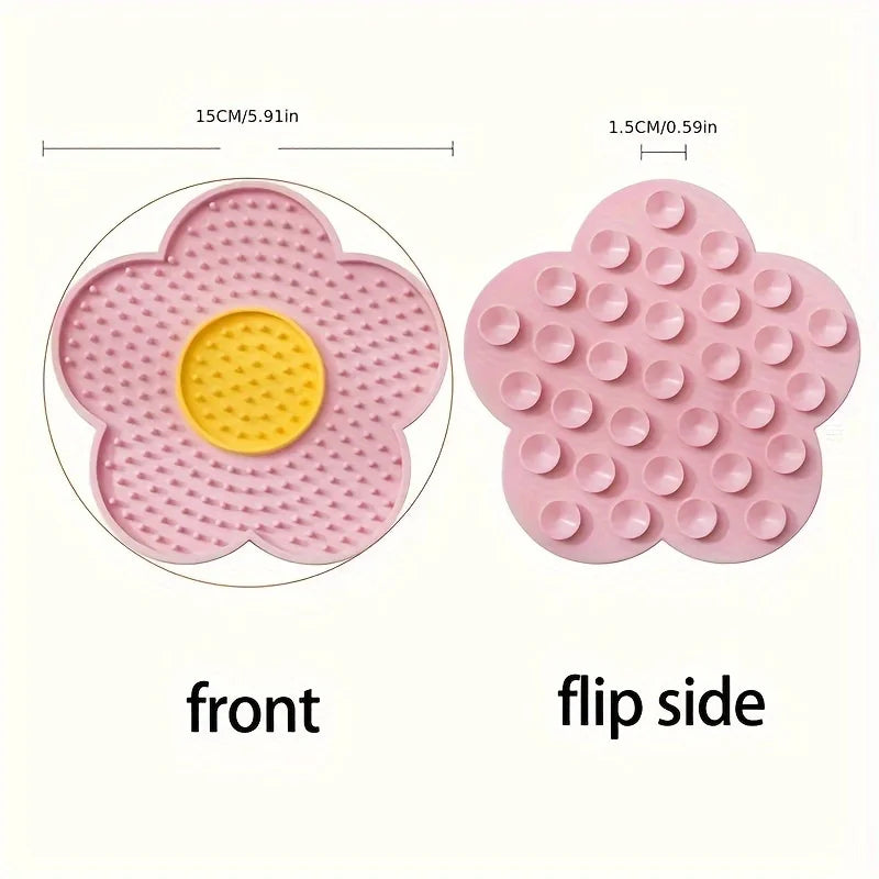 Pink silicone lick mat for pets shown from the front and flip side views