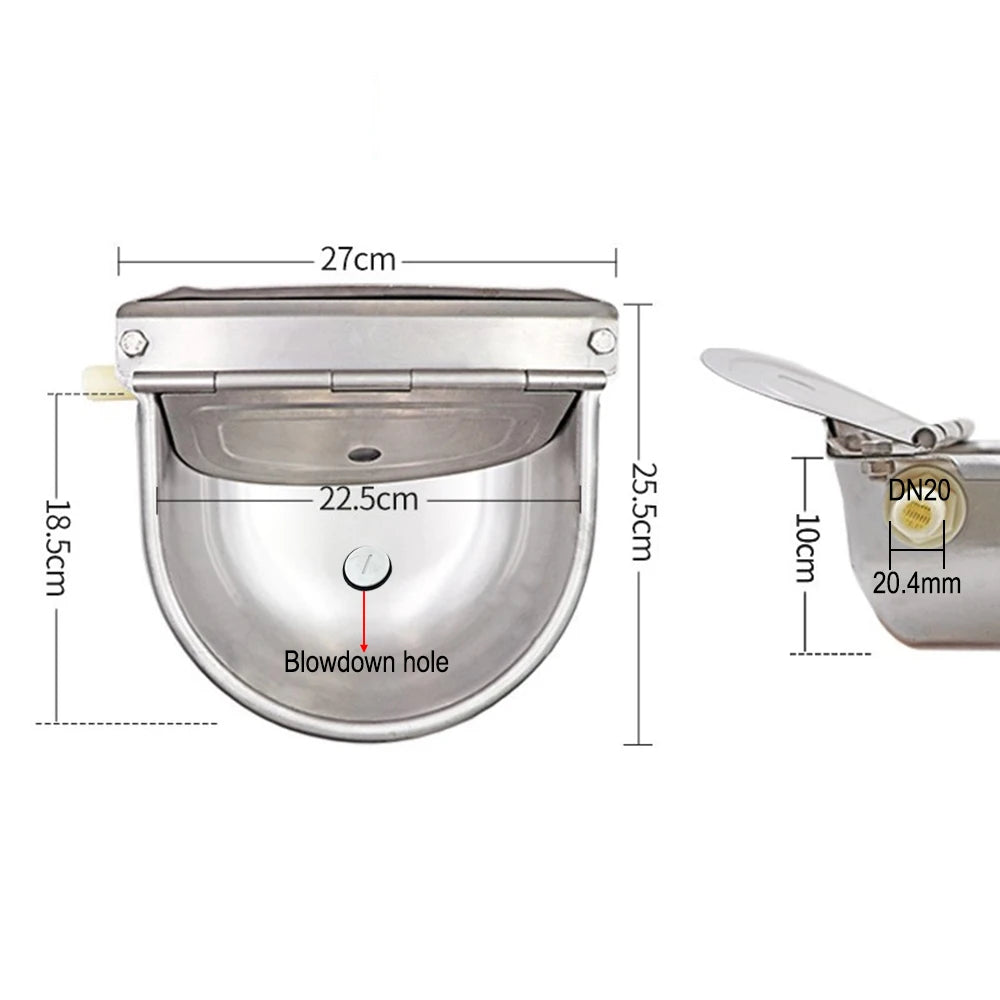 Stainless steel automatic water dispenser bowl with a blowdown hole and a dispensing spout.