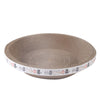 A round, beige corrugated bowl-shaped scratching pad and lounge for cats.