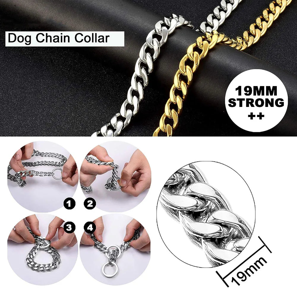 Close-up of a stainless steel gold Cuban link dog chain collar showing various links and size measurement.