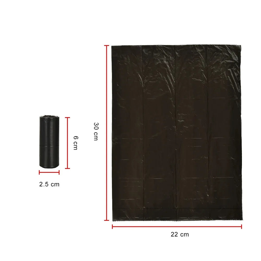 Roll of black reusable pet poop bags for dogs and cats with dimensions 22 cm by 30 cm