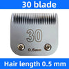 A silver pet hair clipper with 30 blades and a 0.5 mm hair length setting.