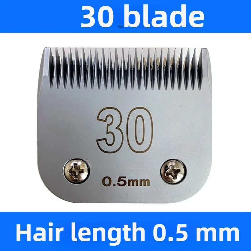 A silver pet hair clipper with 30 blades and a 0.5 mm hair length setting.