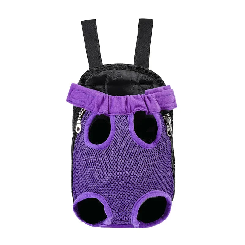 Purple mesh backpack carrier for cats and dogs with black lining and straps