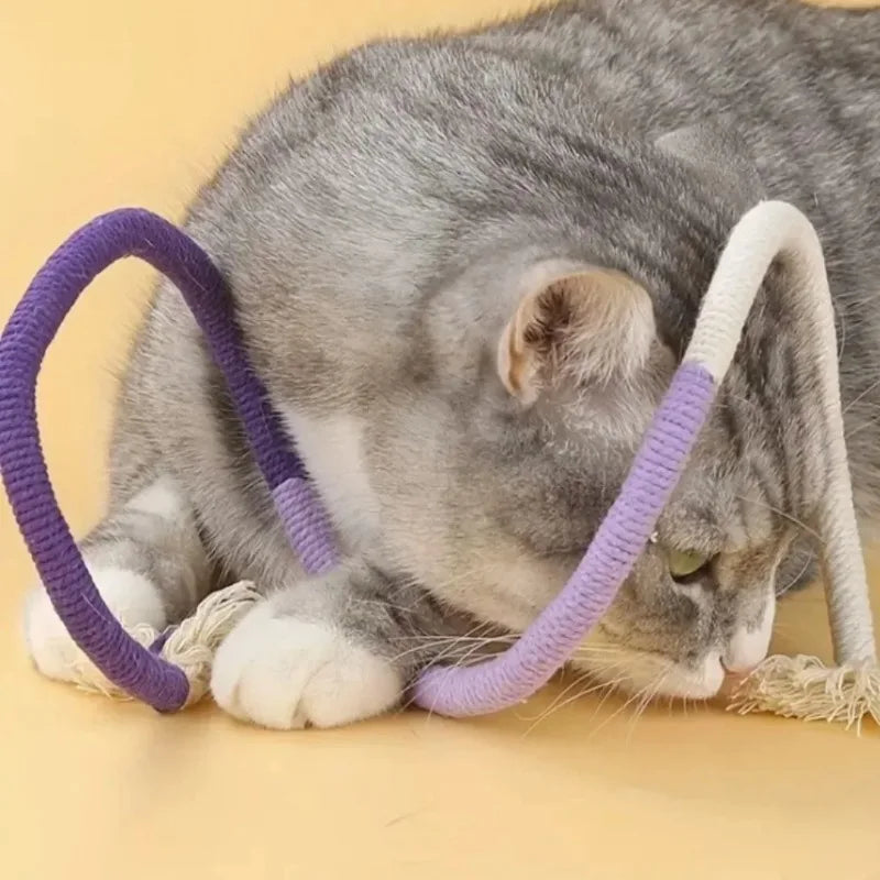 Eine graue Katze ruht mit einem lila und weißen Sisafaser-Kauspielzeug um ihre Pfoten.