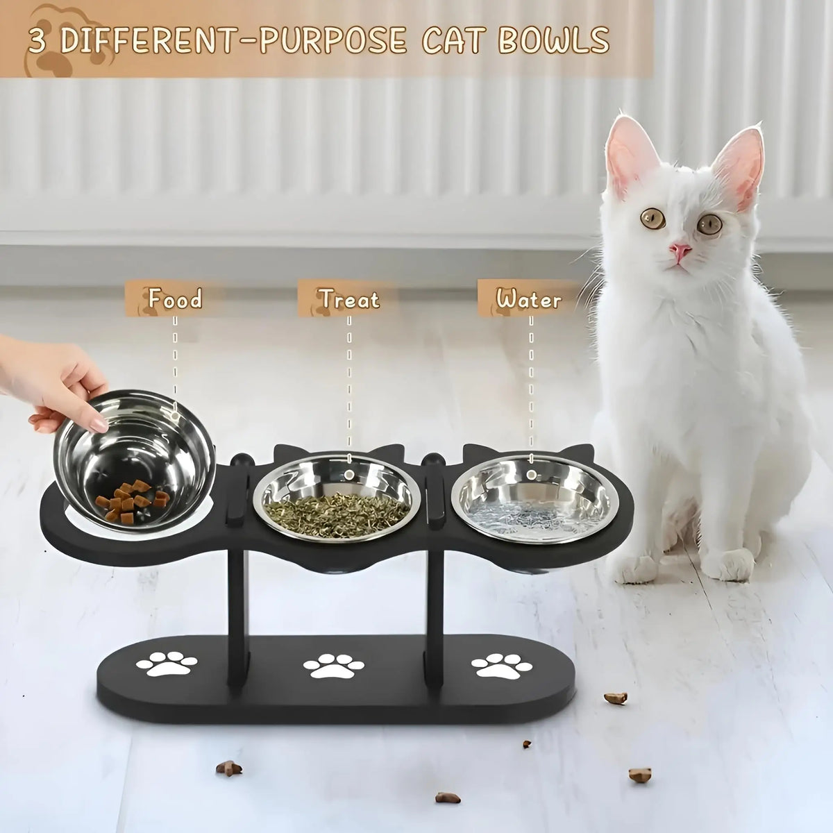 Drei verschiedene Katzenschüsseln für Futter, Leckerli und Wasser auf einem schwarzen Essgefäß.