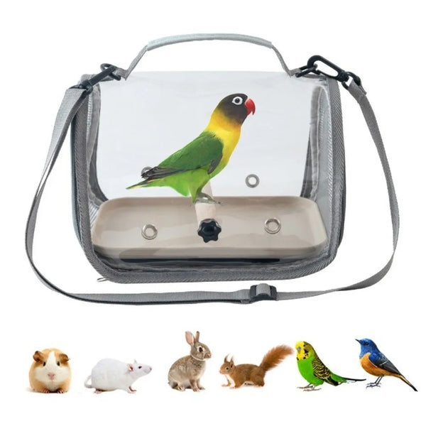 A portable bird carrier bag with a clear window and wooden stand, shown next to several small mammals.