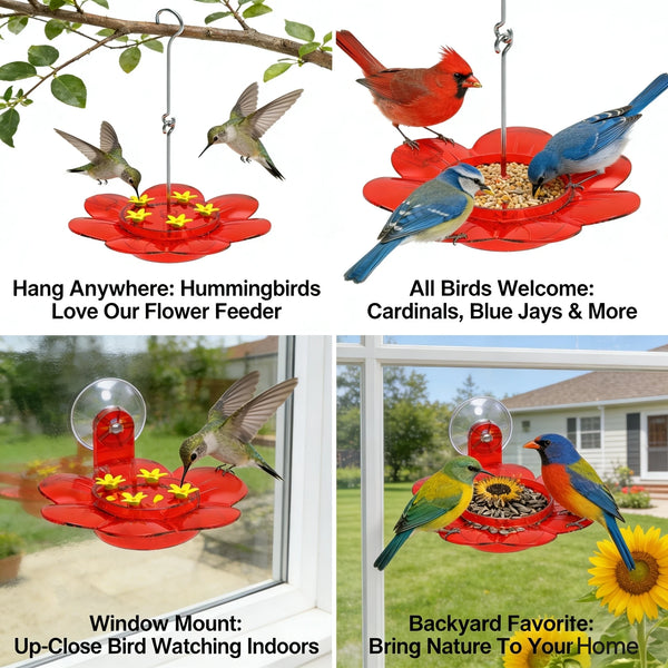 A 2-in-1 flower feeder with a suction cup and hanging hook designed for birds like cardinals and blue jays.