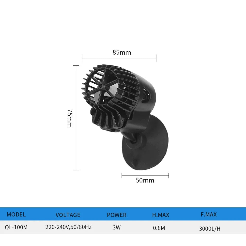 A black compact silent aquarium wave maker pump with dimensions 85mm by 75mm and a diameter of 50mm.