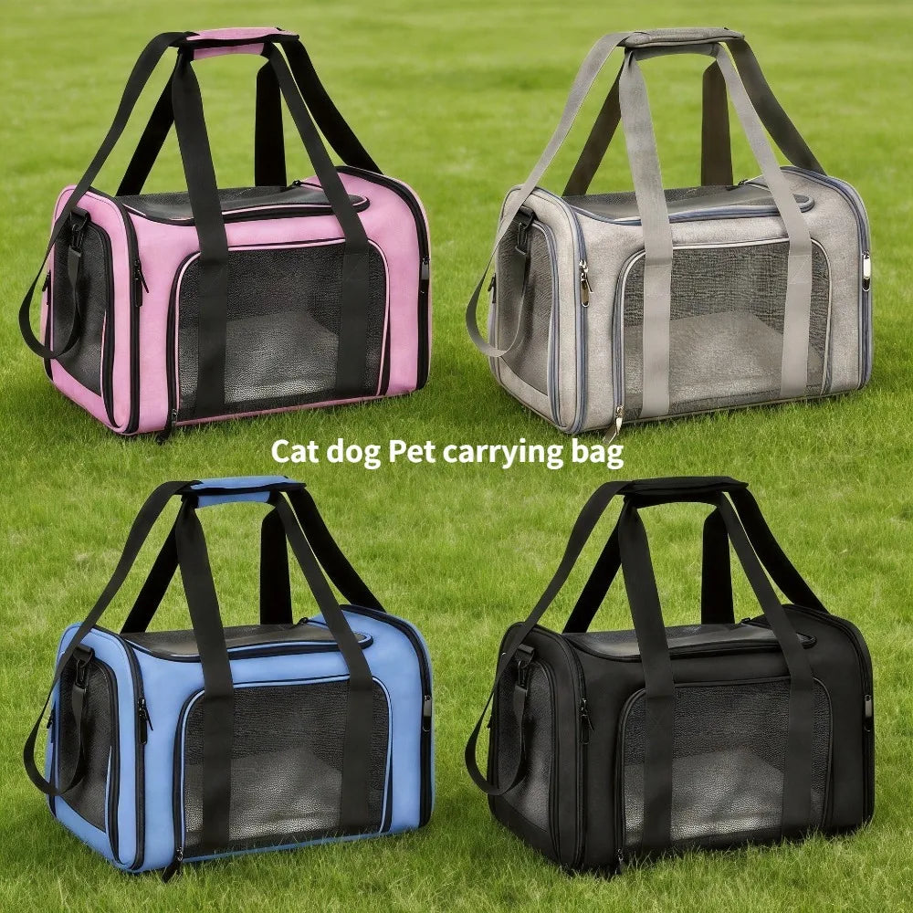 Four breathable pet carrying bags for cats and dogs in pink, gray, blue, and black.