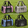 Four breathable pet carrying bags for cats and dogs in pink, gray, blue, and black.