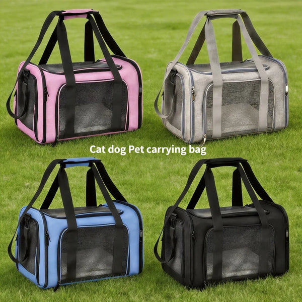 Four breathable pet carrying bags for cats and dogs in pink, gray, blue, and black.