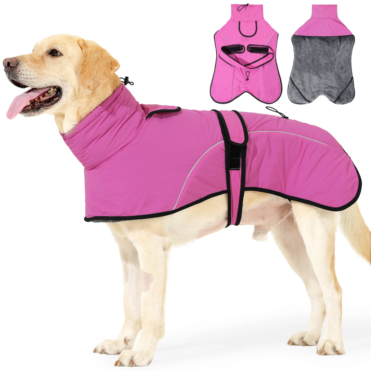 Hundertfarbe Hund in rosa Fleece-Wintermantel mit schwarzem Zierrand neben Größenoptionen.
