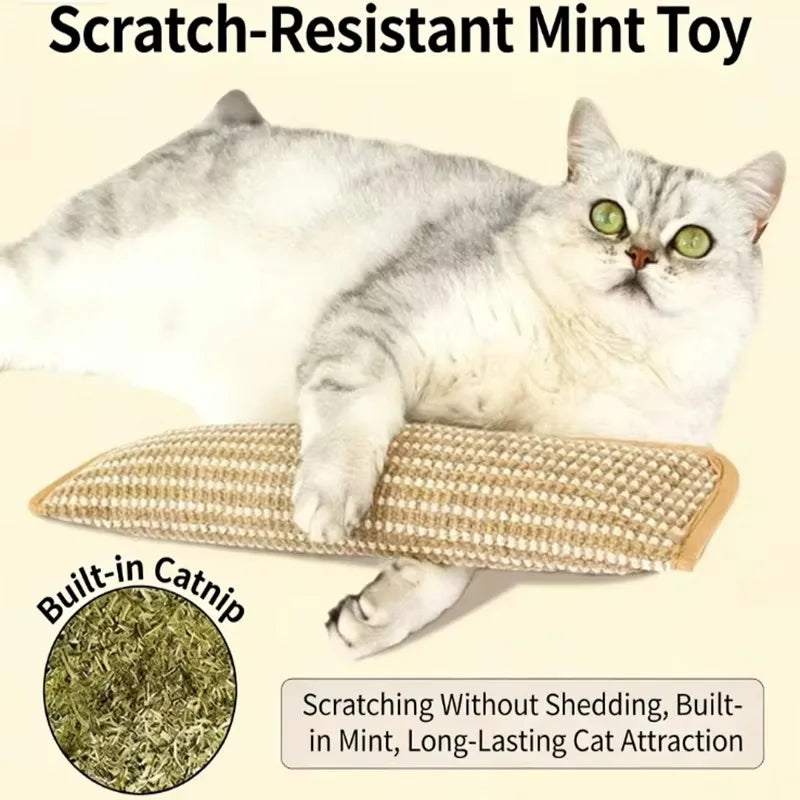 A fluffy gray and white cat is resting on a beige scratch-resistant mint toy, with a bag of green catnip visible nearby.