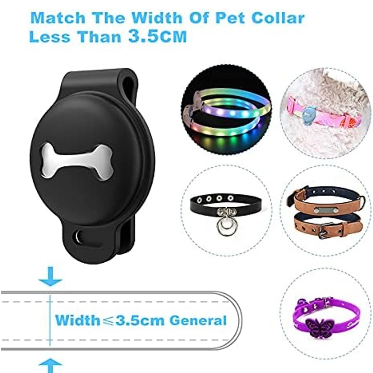 Image showing a black silicone airtag holder and various pet collars with different widths.
