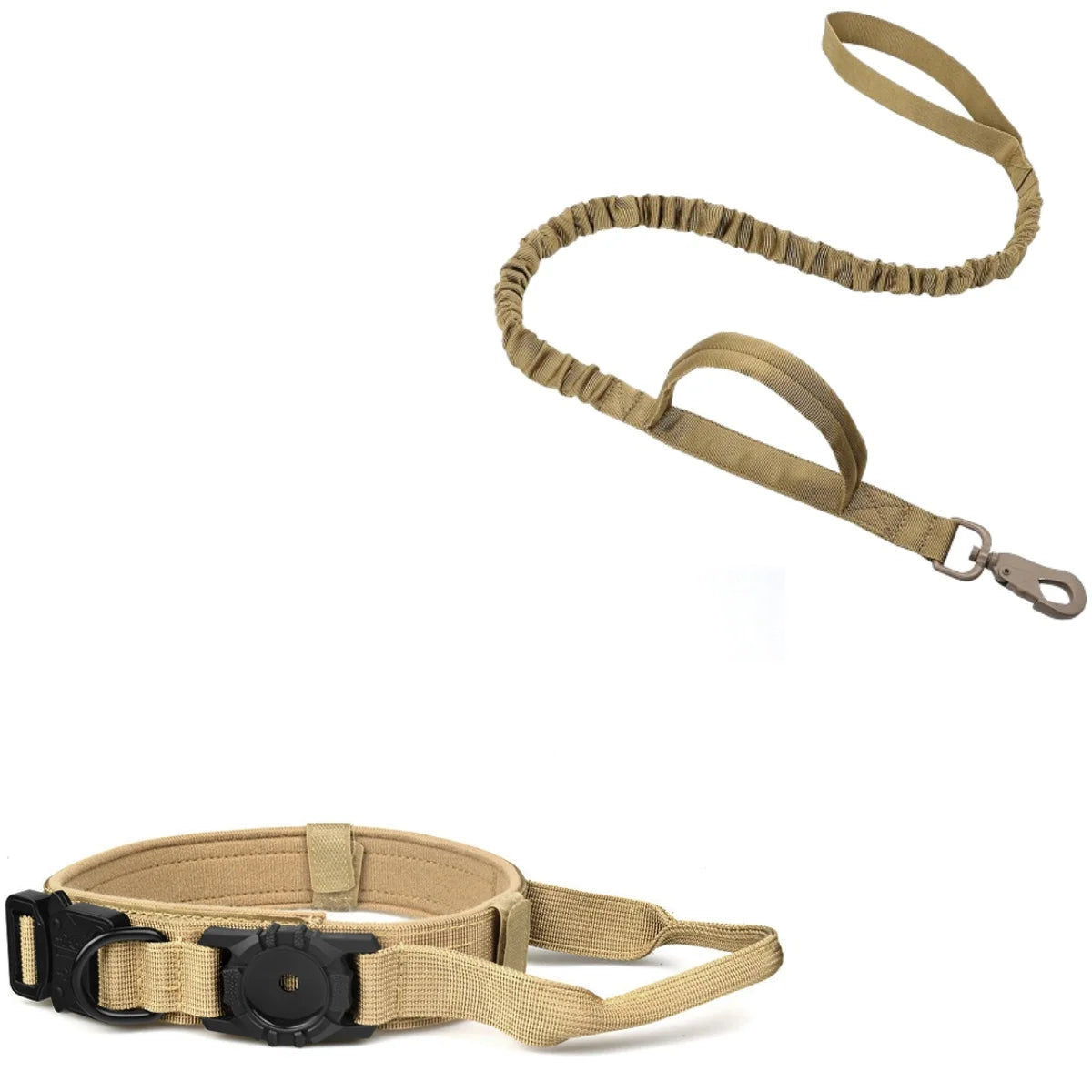 Tan tactical dog GPS collar with an airtag holder and leather strap