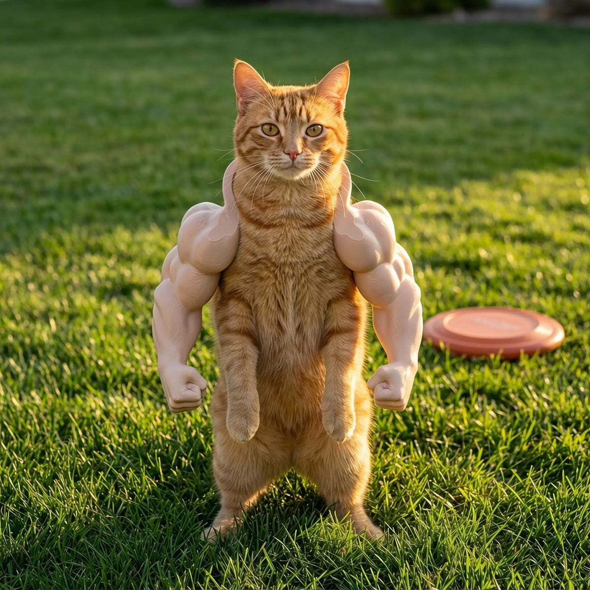 Fotorealte orange tabby katze in einem 3D-gedruckten Muskelkostüm