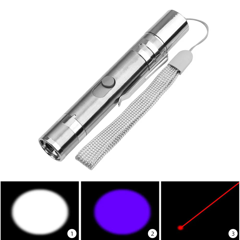 A silver pet laser pointer toy with a handle and a cord, shown next to three different light patterns.