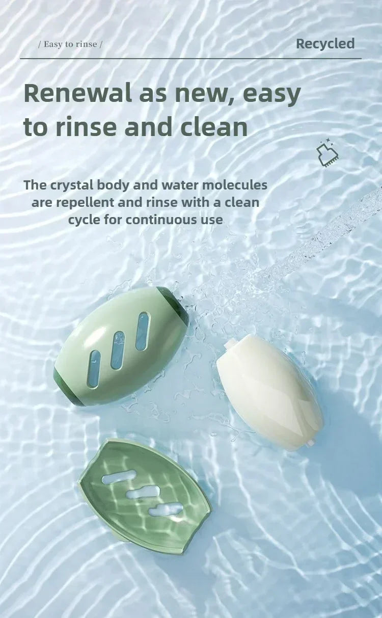 Three reusable gel lint rollers in various shades of green and white floating on water, emphasizing easy rinsing.