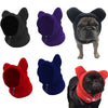 A set of five adjustable fleece dog winter hats in black, purple, and red, shown with a bulldog.