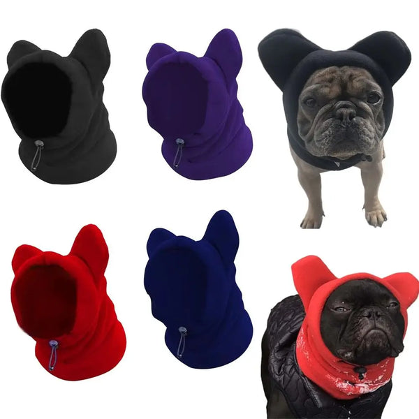 A set of five adjustable fleece dog winter hats in black, purple, and red, shown with a bulldog.