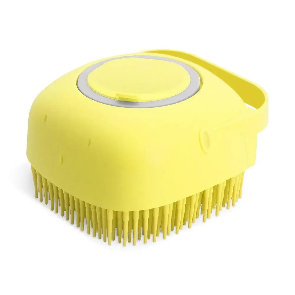 Gelbes Silikon-Pflegewerkzeug und Shampoo-Dispenser mit rotierender Borstenkopf
