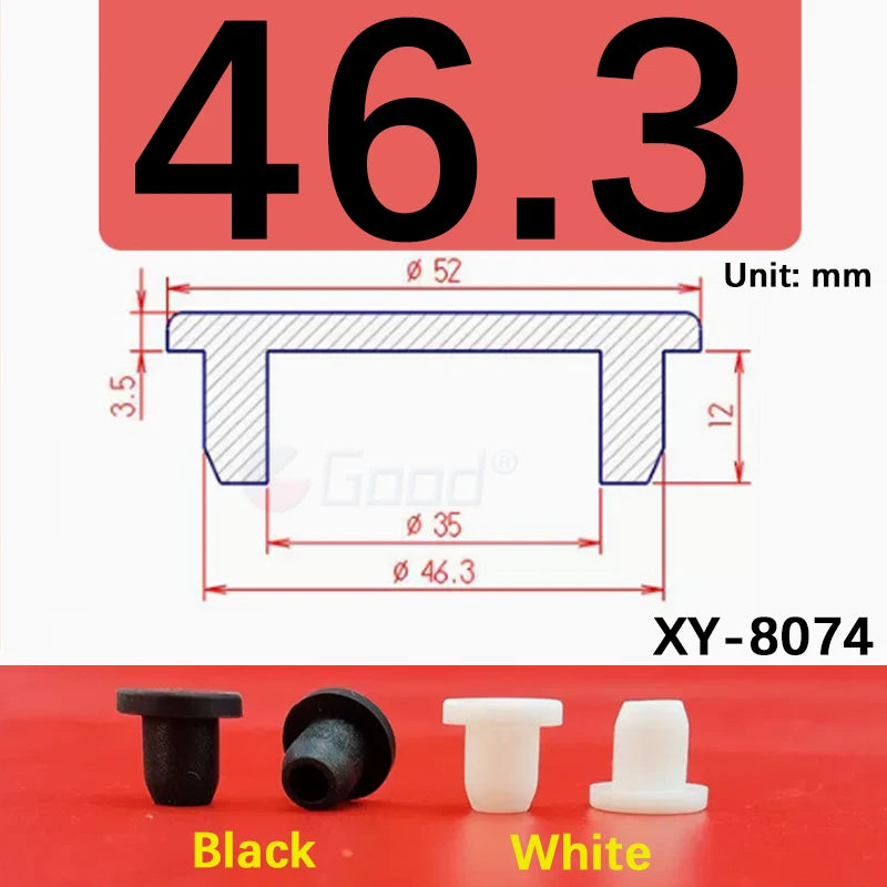 Black and white silicone rubber hole plugs with various sizes shown on a red surface