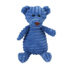 A blue corduroy squeaky dog toy shaped like a bear with fun animal designs.